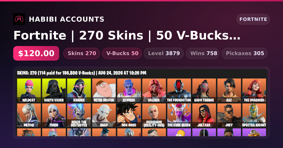 Fortnite | 270 Skins | 50 V-Bucks | Level 3879 | 758 Wins — HabibiAccounts