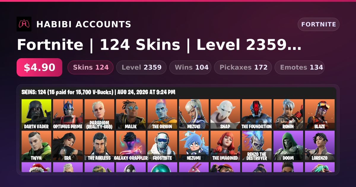 Fortnite | 124 Skins | Level 2359 | 104 Wins — HabibiAccounts