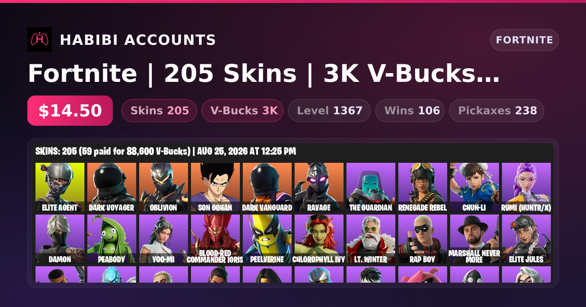 Fortnite | 205 Skins | 3K V-Bucks | Level 1367 | 106 Wins — HabibiAccounts