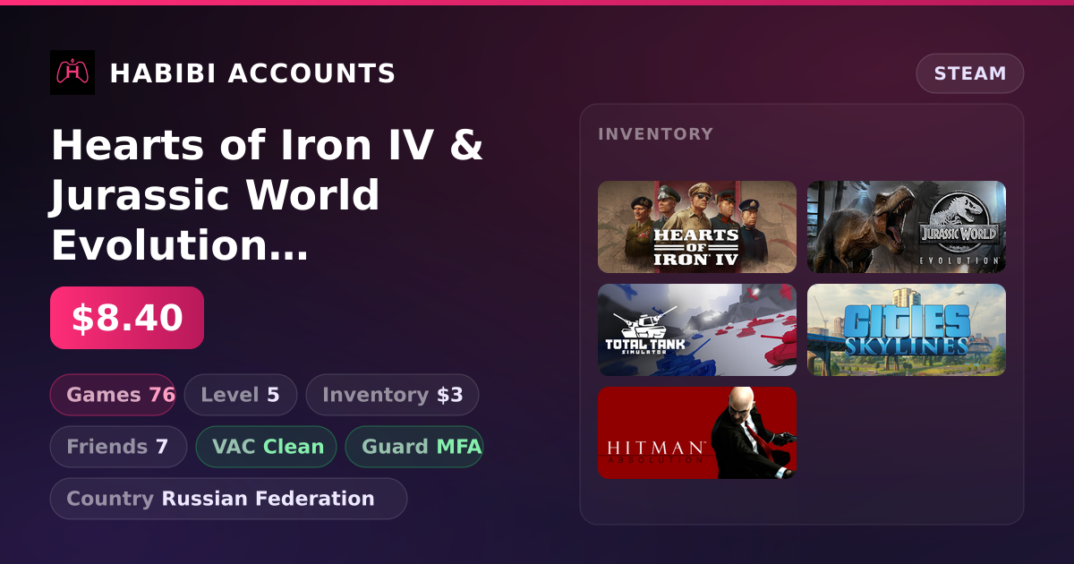 Hearts of Iron IV & Jurassic World Evolution 3 | 76 Games | Clean — HabibiAccounts
