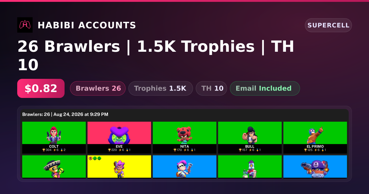 26 Brawlers | 1.5K Trophies | TH 10 — HabibiAccounts