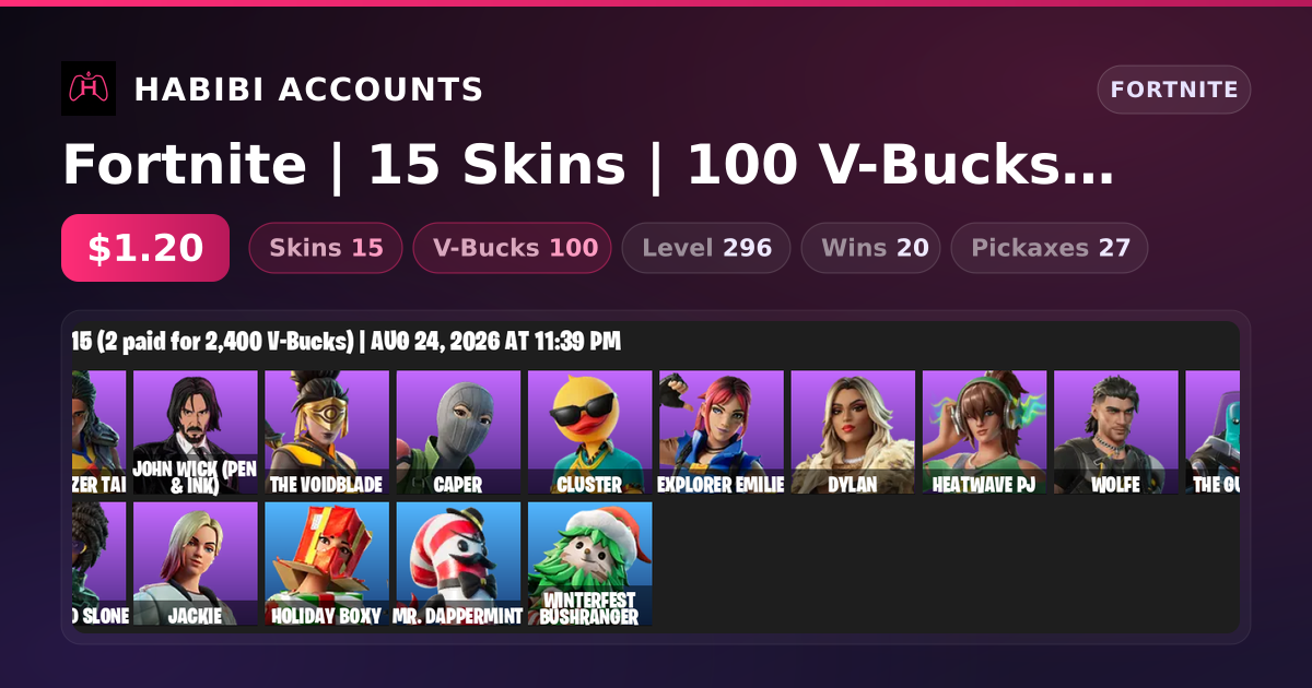 Fortnite | 15 Skins | 100 V-Bucks | Level 296 | 20 Wins — HabibiAccounts