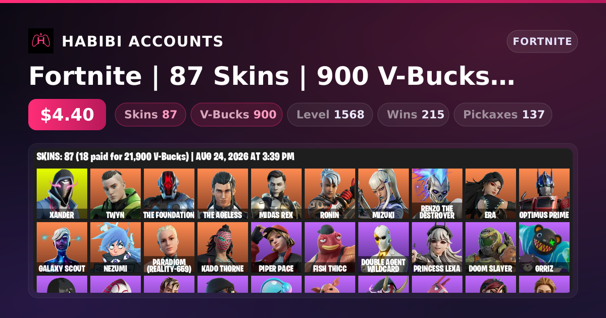Fortnite | 87 Skins | 900 V-Bucks | Level 1568 | 215 Wins — HabibiAccounts