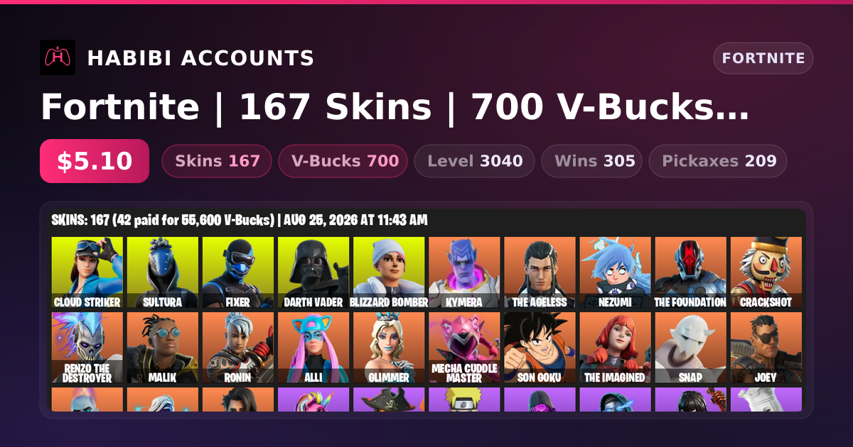 Fortnite | 167 Skins | 700 V-Bucks | Level 3040 | 305 Wins — HabibiAccounts