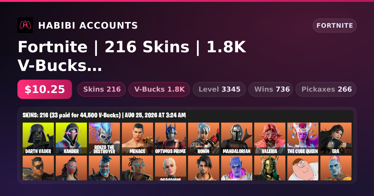 Fortnite | 216 Skins | 1.8K V-Bucks | Level 3345 | 736 Wins — HabibiAccounts