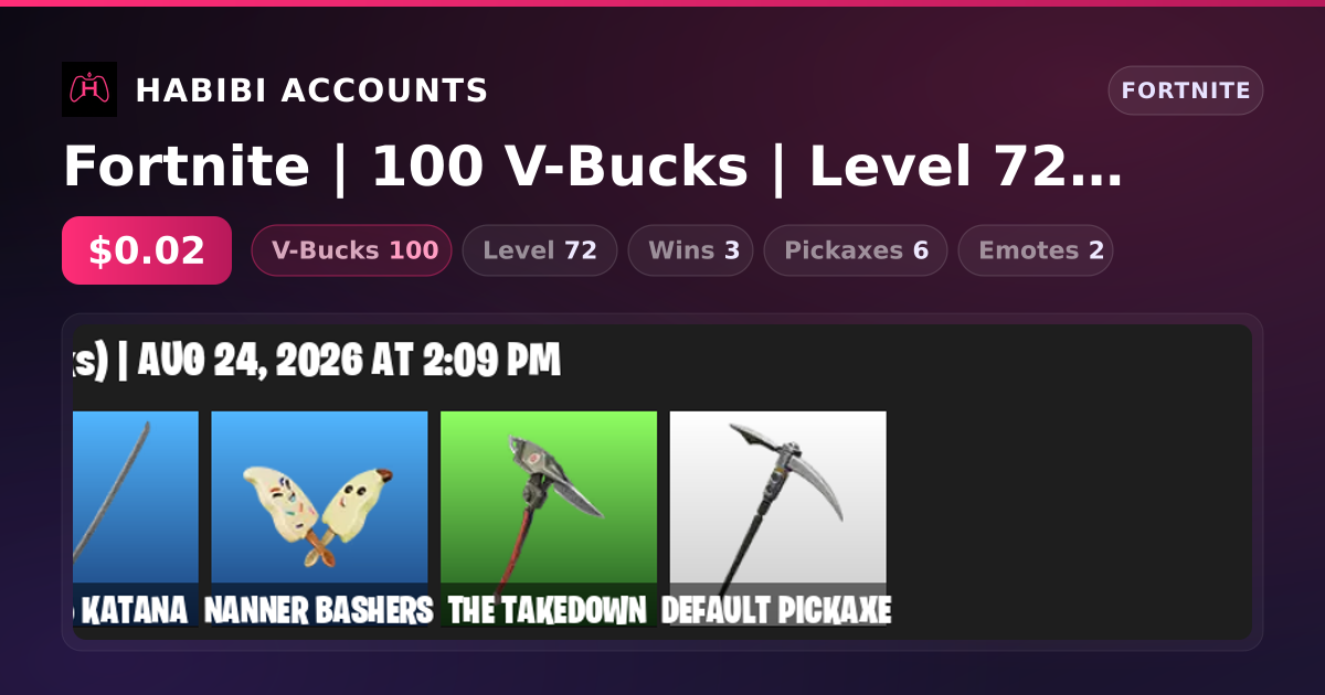 Fortnite | 100 V-Bucks | Level 72 | 3 Wins — HabibiAccounts