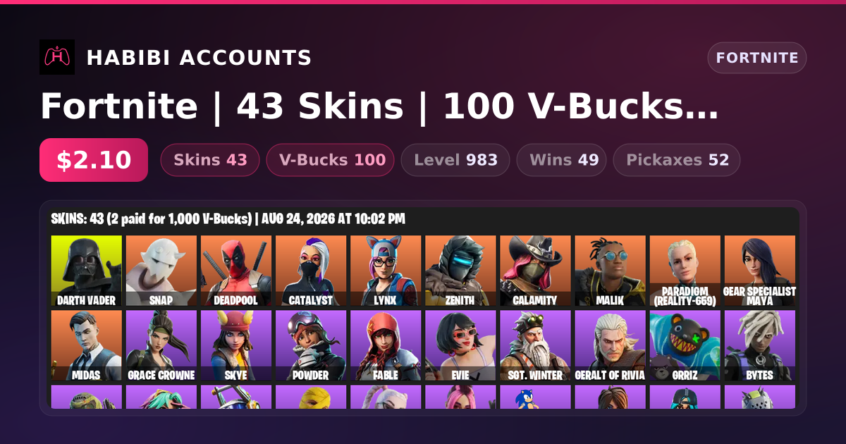 Fortnite | 43 Skins | 100 V-Bucks | Level 983 | 49 Wins — HabibiAccounts