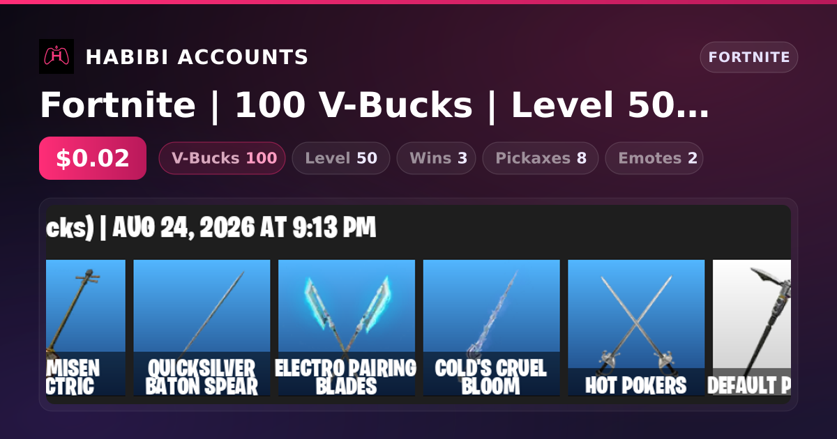 Fortnite | 100 V-Bucks | Level 50 | 3 Wins — HabibiAccounts