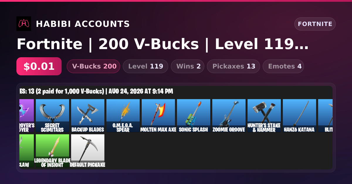 Fortnite | 200 V-Bucks | Level 119 | 2 Wins — HabibiAccounts