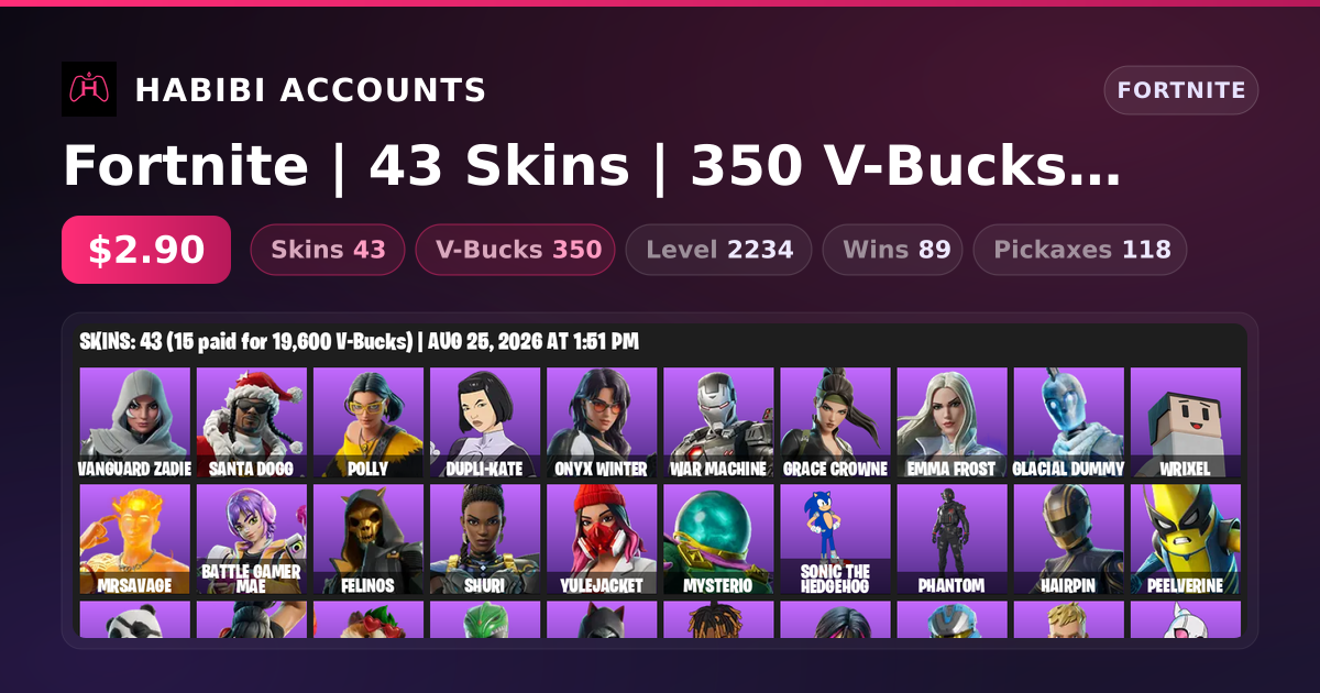 Fortnite | 43 Skins | 350 V-Bucks | Level 2234 | 89 Wins — HabibiAccounts