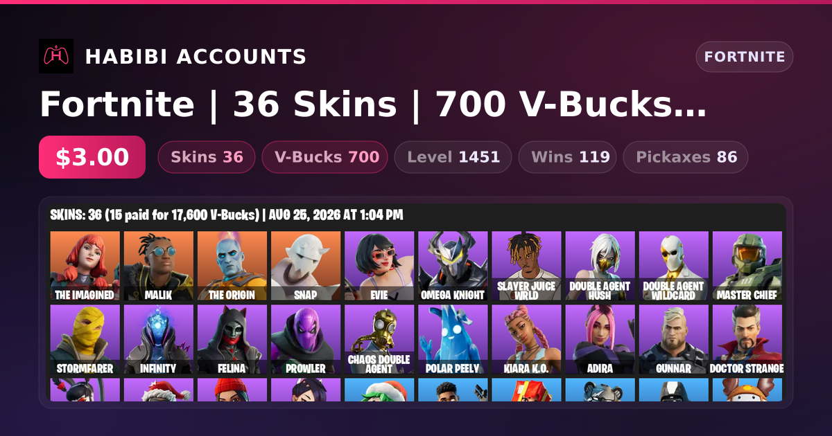 Fortnite | 36 Skins | 700 V-Bucks | Level 1451 | 119 Wins — HabibiAccounts