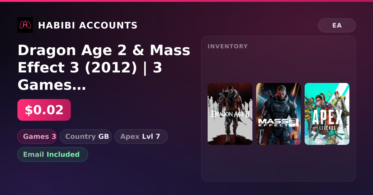 Dragon Age 2 & Mass Effect 3 (2012) | 3 Games | Apex Lvl 7 — HabibiAccounts