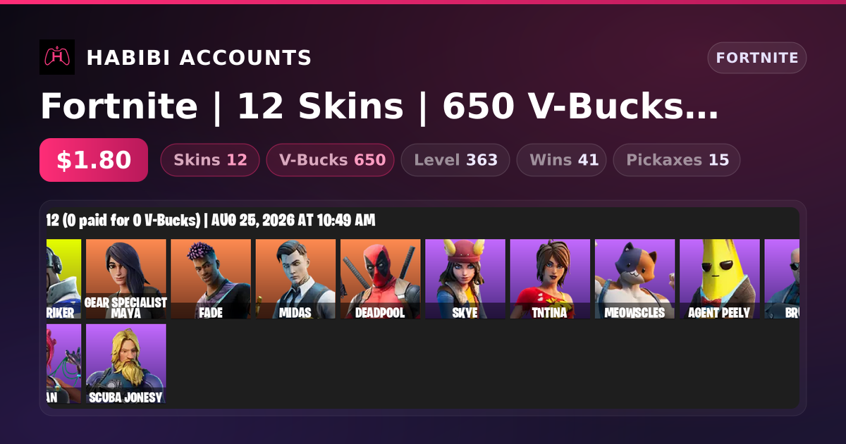 Fortnite | 12 Skins | 650 V-Bucks | Level 363 | 41 Wins — HabibiAccounts