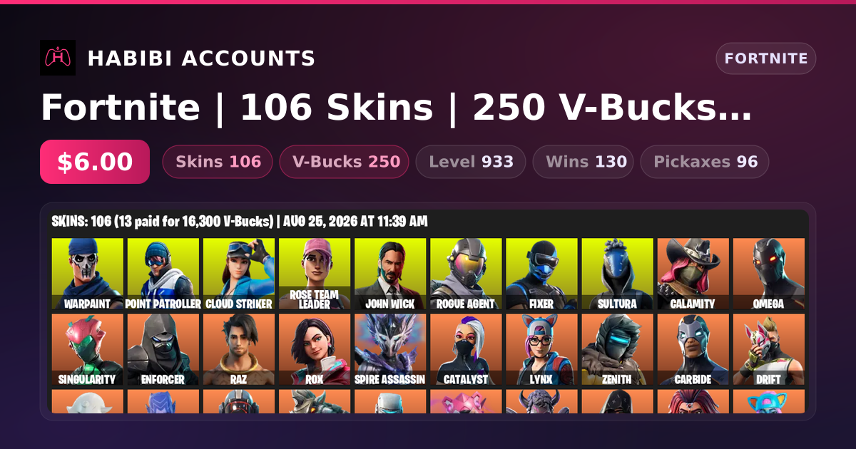Fortnite | 106 Skins | 250 V-Bucks | Level 933 | 130 Wins — HabibiAccounts