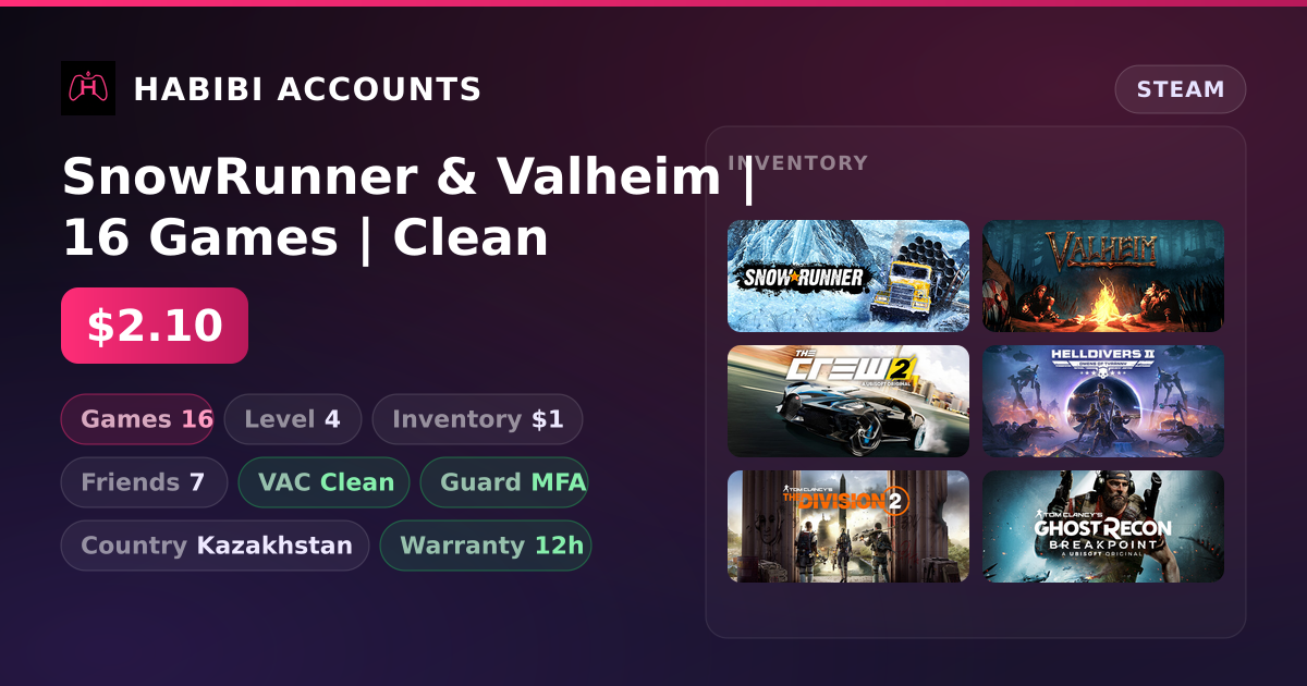 SnowRunner & Valheim | 16 Games | Clean — HabibiAccounts