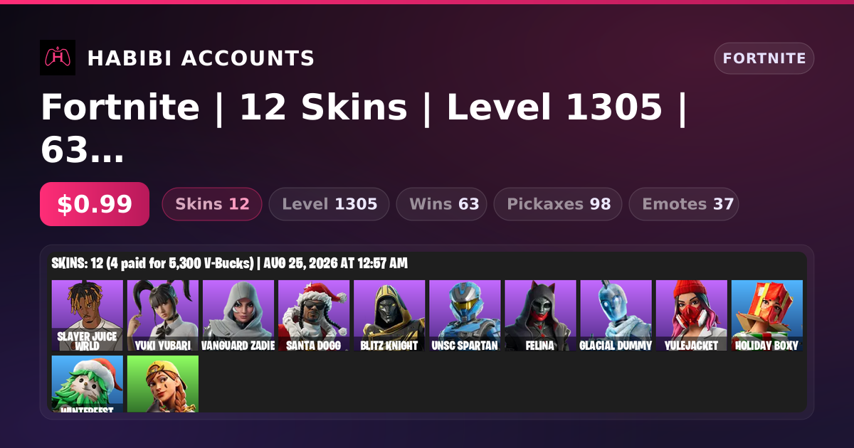 Fortnite | 12 Skins | Level 1305 | 63 Wins — HabibiAccounts