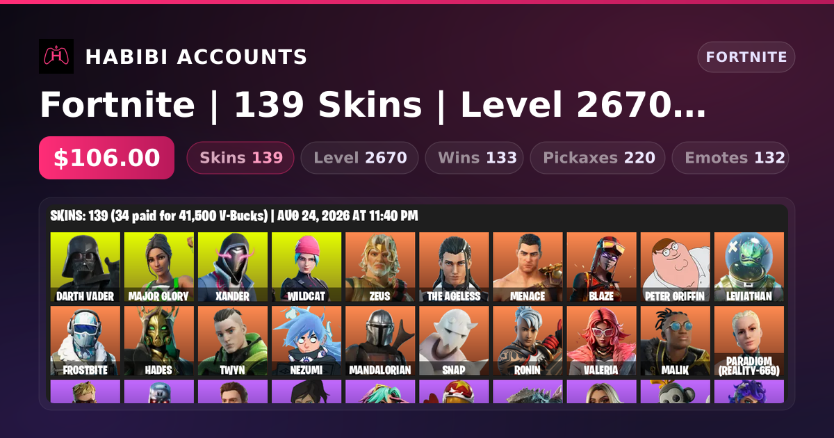 Fortnite | 139 Skins | Level 2670 | 133 Wins — HabibiAccounts
