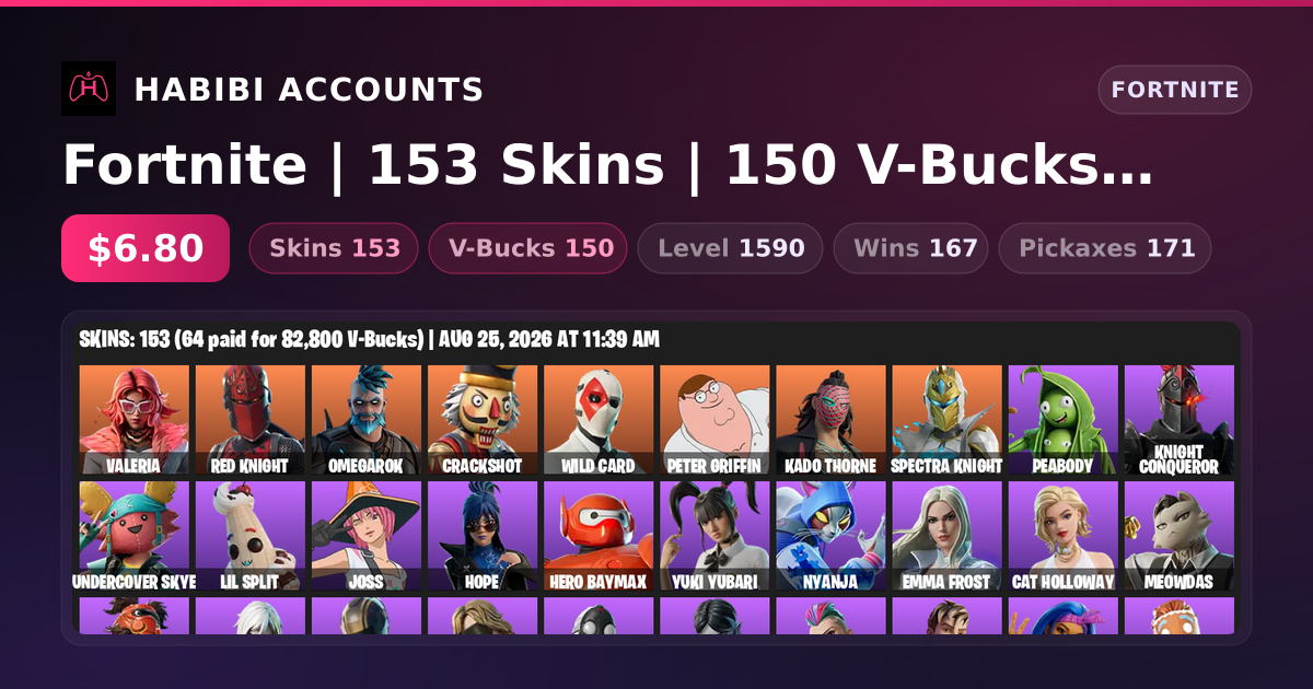Fortnite | 153 Skins | 150 V-Bucks | Level 1590 | 167 Wins — HabibiAccounts