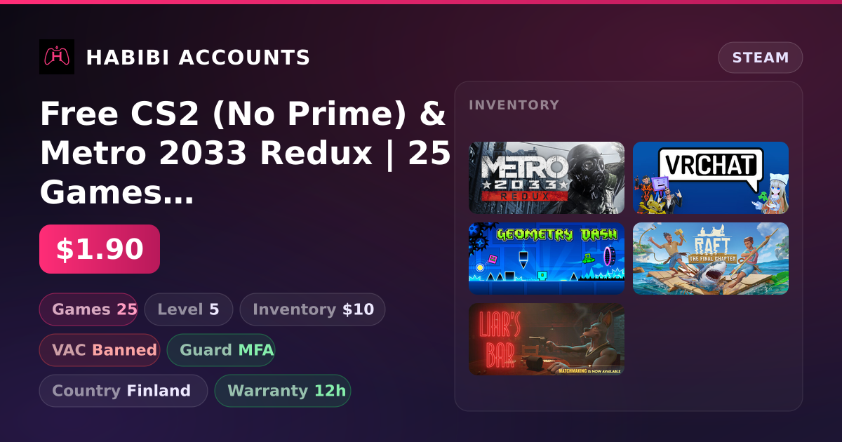 Free CS2 (No Prime) & Metro 2033 Redux | 25 Games | Has VAC — HabibiAccounts