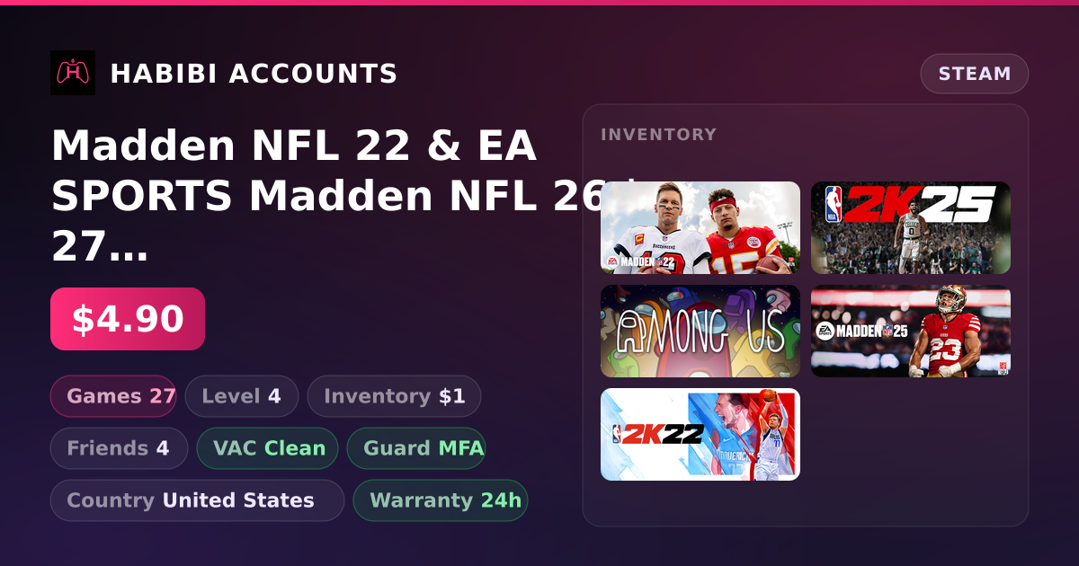 Madden NFL 22 & EA SPORTS Madden NFL 26 | 27 Games | Clean — HabibiAccounts