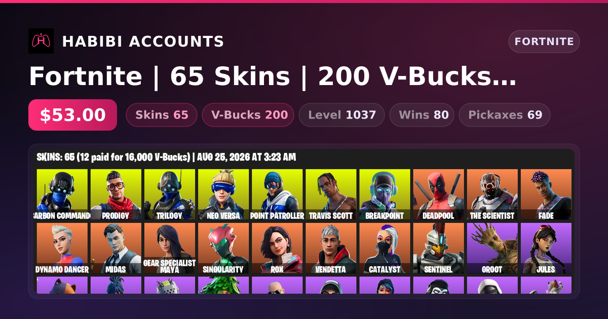 Fortnite | 65 Skins | 200 V-Bucks | Level 1037 | 80 Wins — HabibiAccounts