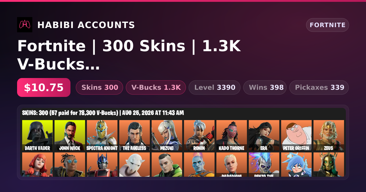 Fortnite | 300 Skins | 1.3K V-Bucks | Level 3390 | 398 Wins — HabibiAccounts