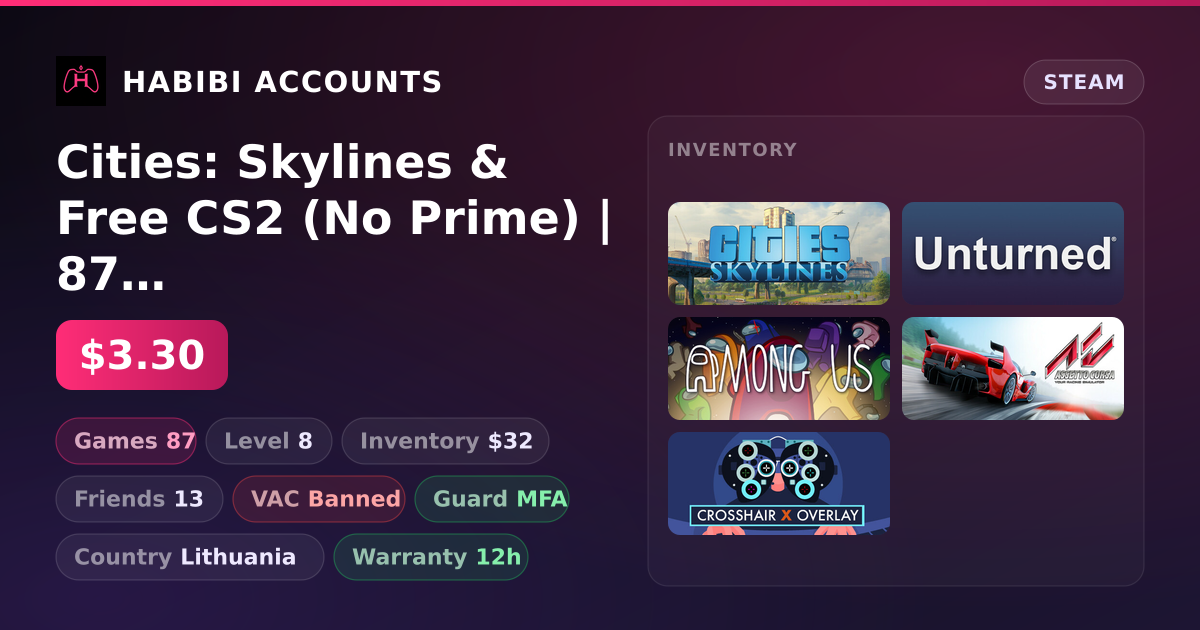 Cities: Skylines & Free CS2 (No Prime) | 87 Games | Has VAC — HabibiAccounts