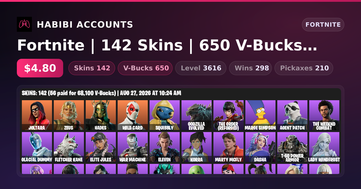 Fortnite | 142 Skins | 650 V-Bucks | Level 3616 | 298 Wins — HabibiAccounts