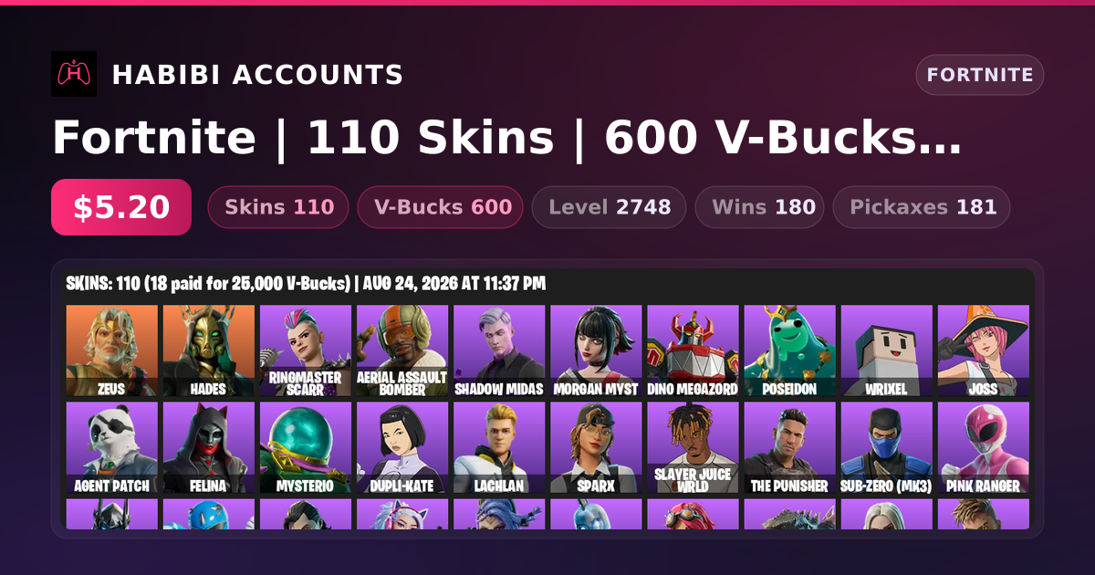 Fortnite | 110 Skins | 600 V-Bucks | Level 2748 | 180 Wins — HabibiAccounts