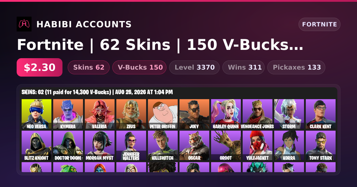 Fortnite | 62 Skins | 150 V-Bucks | Level 3370 | 311 Wins — HabibiAccounts