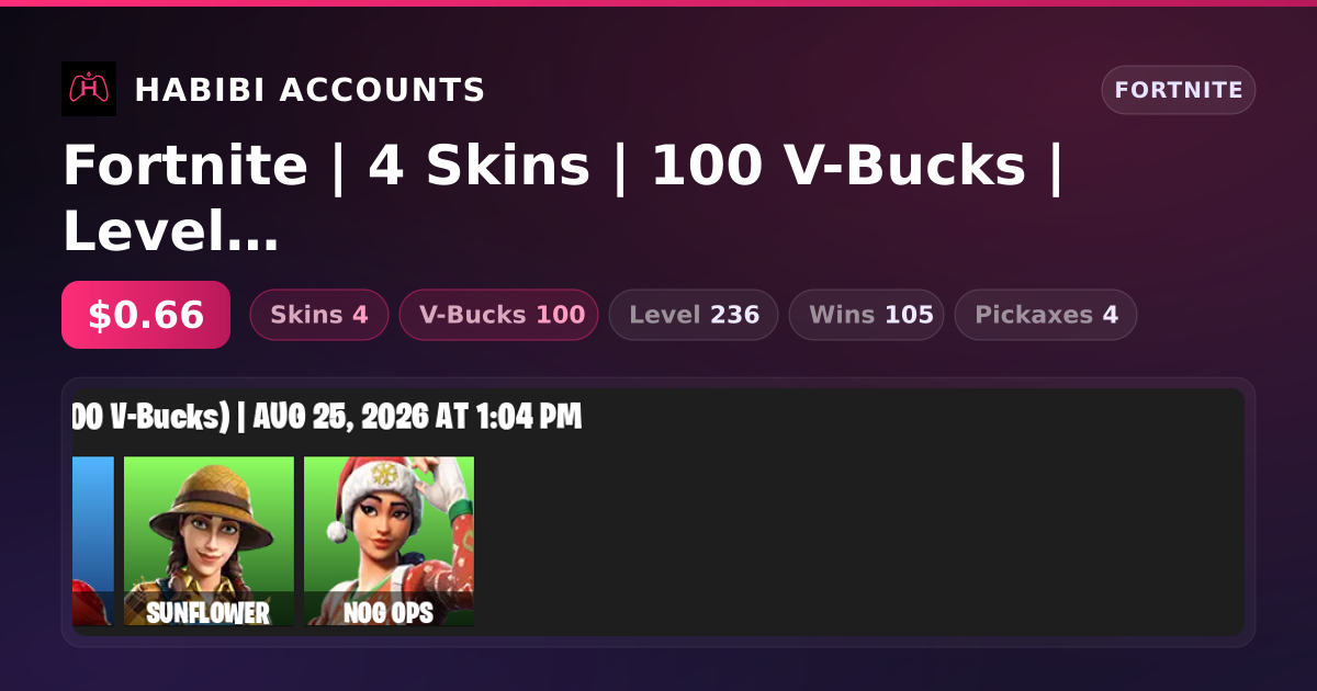 Fortnite | 4 Skins | 100 V-Bucks | Level 236 | 105 Wins — HabibiAccounts