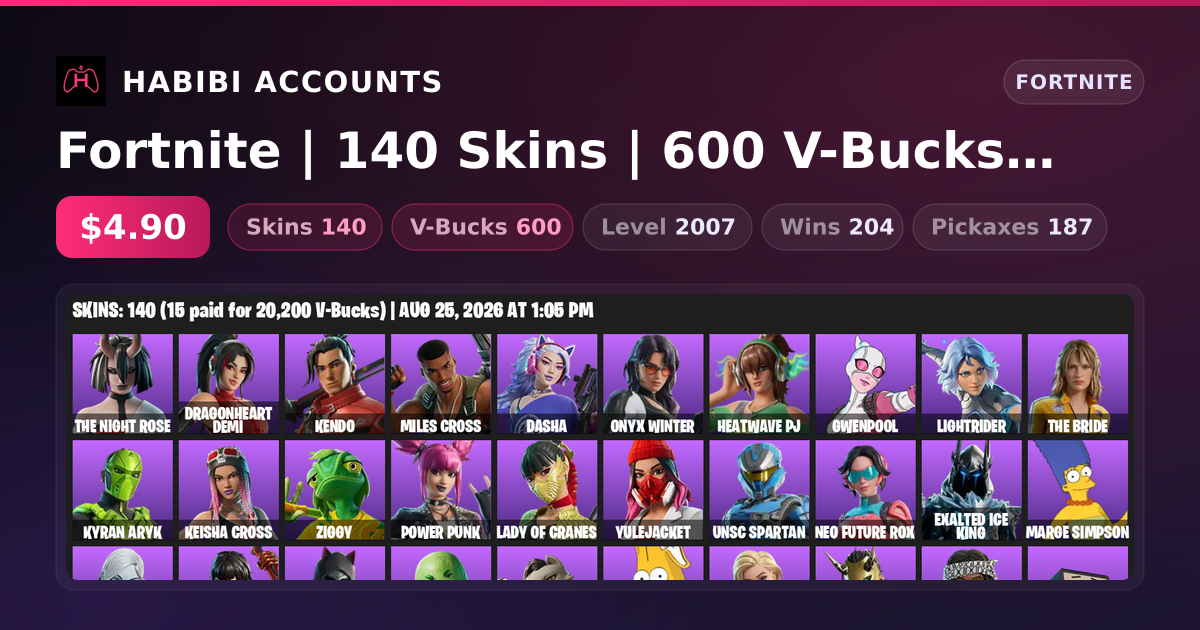Fortnite | 140 Skins | 600 V-Bucks | Level 2007 | 204 Wins — HabibiAccounts