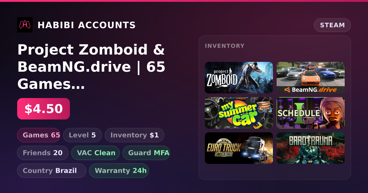 Project Zomboid & BeamNG.drive | 65 Games | Clean — HabibiAccounts