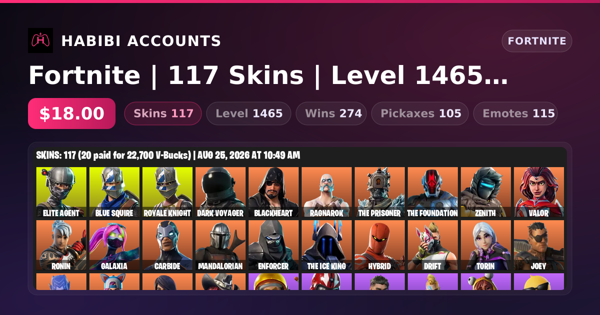 Fortnite | 117 Skins | Level 1465 | 274 Wins — HabibiAccounts