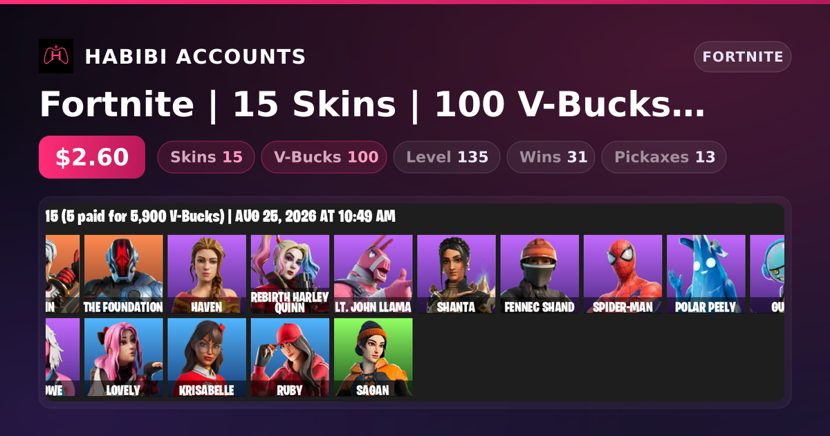 Fortnite | 15 Skins | 100 V-Bucks | Level 135 | 31 Wins — HabibiAccounts