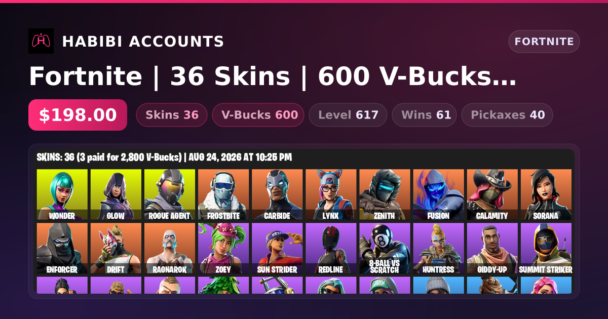 Fortnite | 36 Skins | 600 V-Bucks | Level 617 | 61 Wins — HabibiAccounts