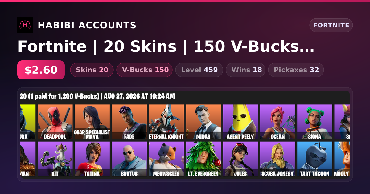 Fortnite | 20 Skins | 150 V-Bucks | Level 459 | 18 Wins — HabibiAccounts