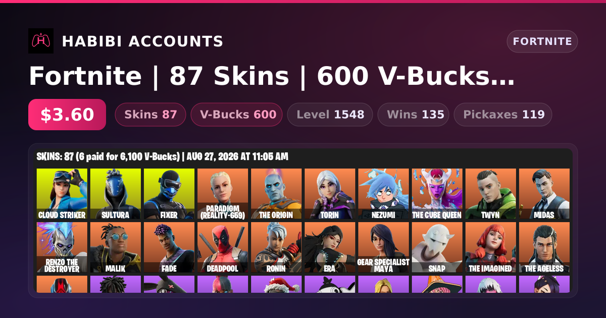 Fortnite | 87 Skins | 600 V-Bucks | Level 1548 | 135 Wins — HabibiAccounts
