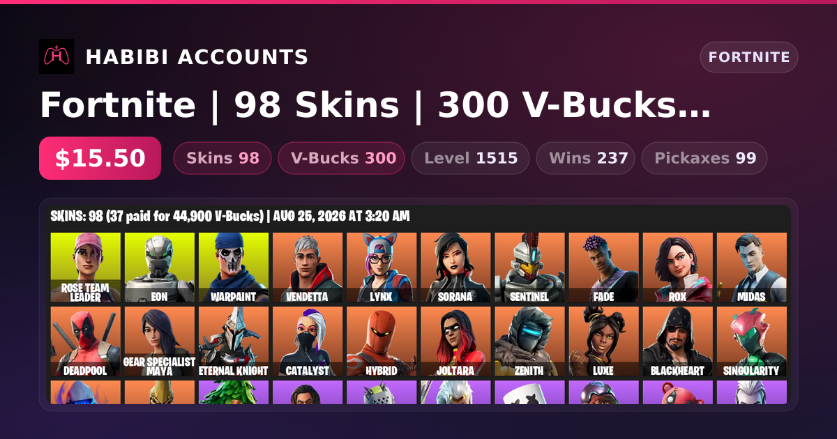 Fortnite | 98 Skins | 300 V-Bucks | Level 1515 | 237 Wins