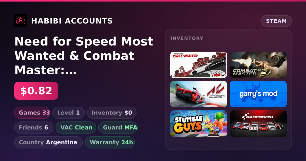 Need for Speed Most Wanted & Combat Master: Season 1 | 33 Games | Clean — HabibiAccounts