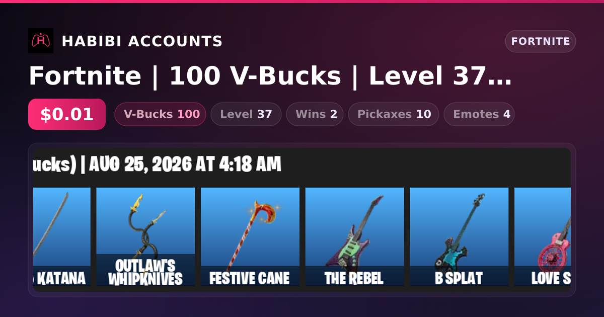 Fortnite | 100 V-Bucks | Level 37 | 2 Wins — HabibiAccounts