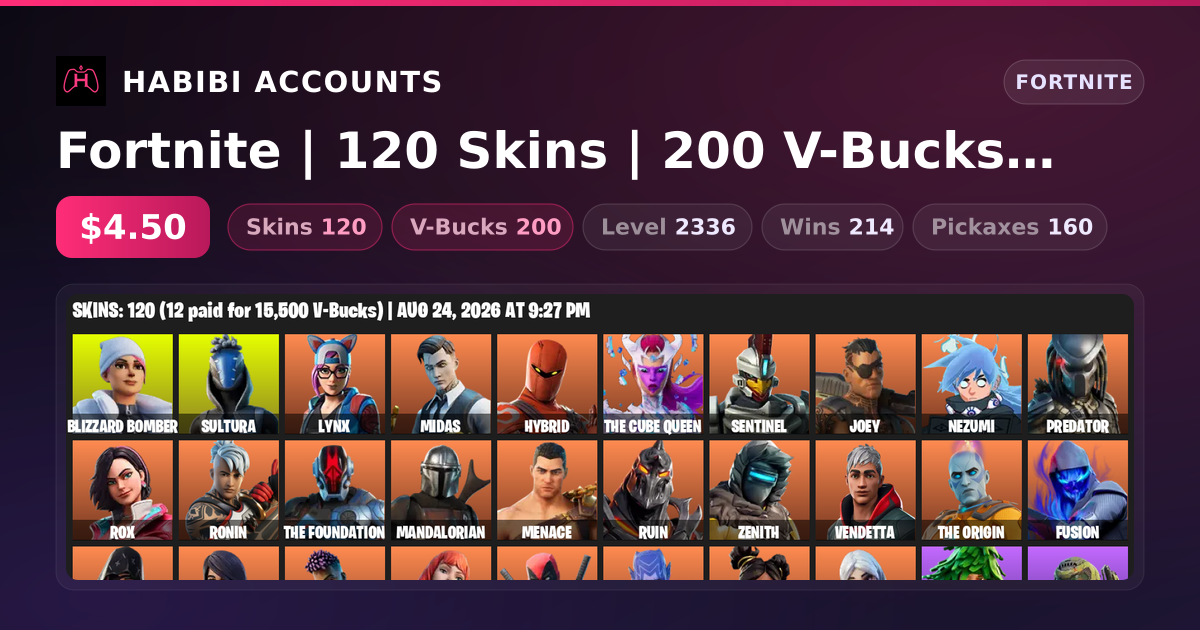 Fortnite | 120 Skins | 200 V-Bucks | Level 2336 | 214 Wins — HabibiAccounts