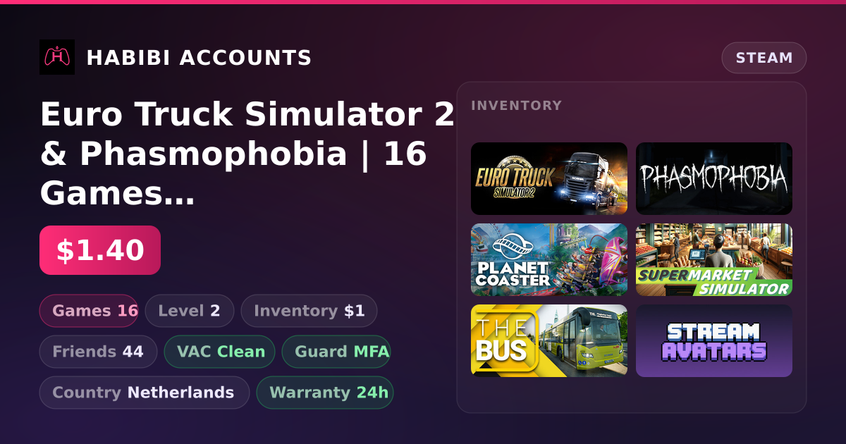 Euro Truck Simulator 2 & Phasmophobia | 16 Games | Clean — HabibiAccounts