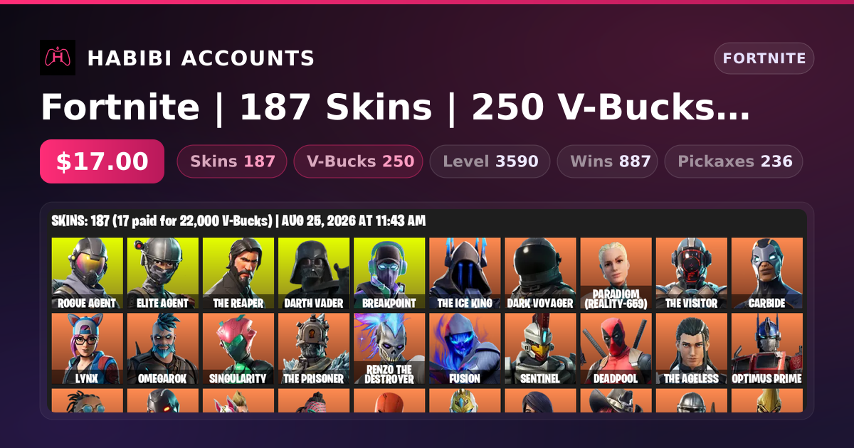 Fortnite | 187 Skins | 250 V-Bucks | Level 3590 | 887 Wins — HabibiAccounts