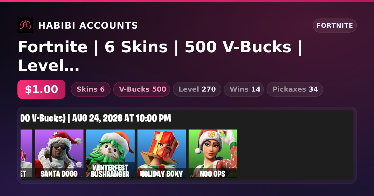 Fortnite | 6 Skins | 500 V-Bucks | Level 270 | 14 Wins — HabibiAccounts