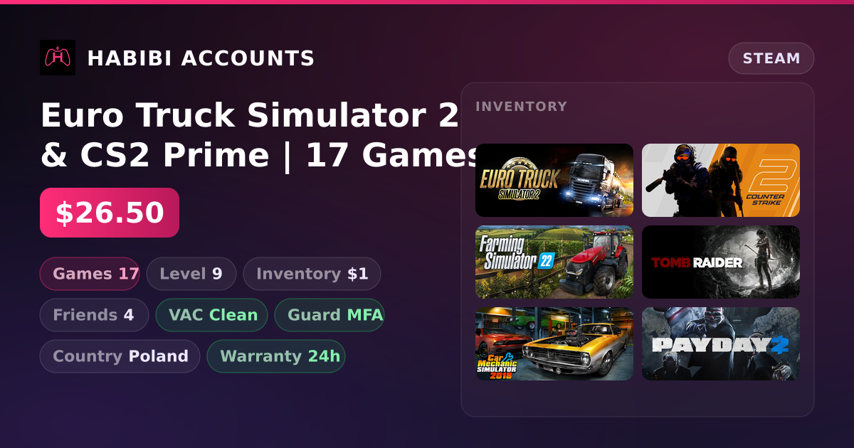 Euro Truck Simulator 2 & CS2 Prime | 17 Games | Clean