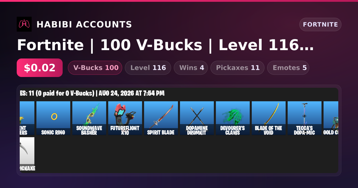Fortnite | 100 V-Bucks | Level 116 | 4 Wins — HabibiAccounts