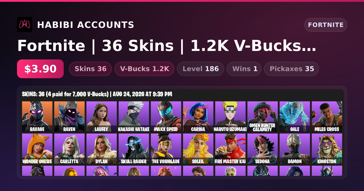 Fortnite | 36 Skins | 1.2K V-Bucks | Level 186 | 1 Wins — HabibiAccounts