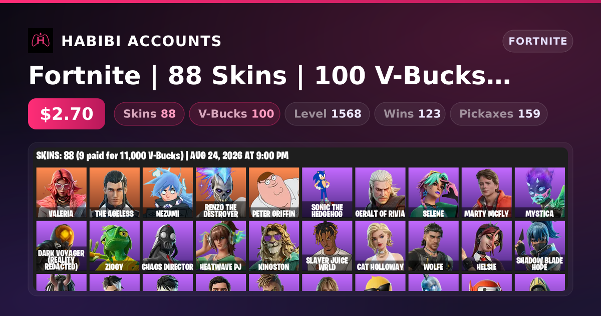 Fortnite | 88 Skins | 100 V-Bucks | Level 1568 | 123 Wins — HabibiAccounts