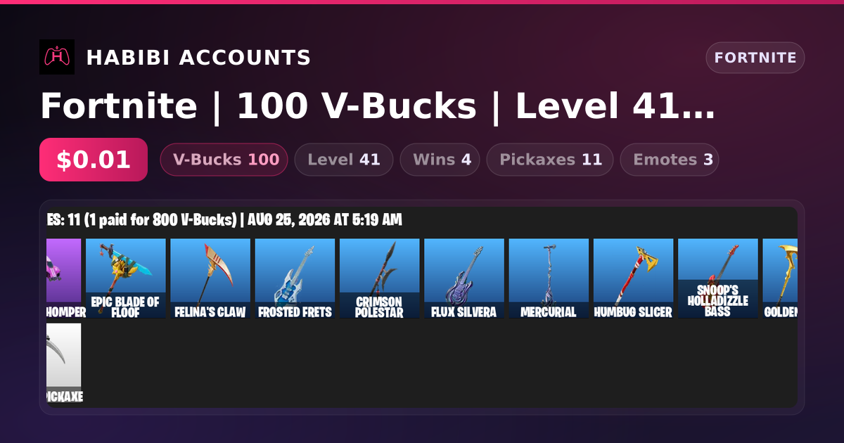 Fortnite | 100 V-Bucks | Level 41 | 4 Wins — HabibiAccounts